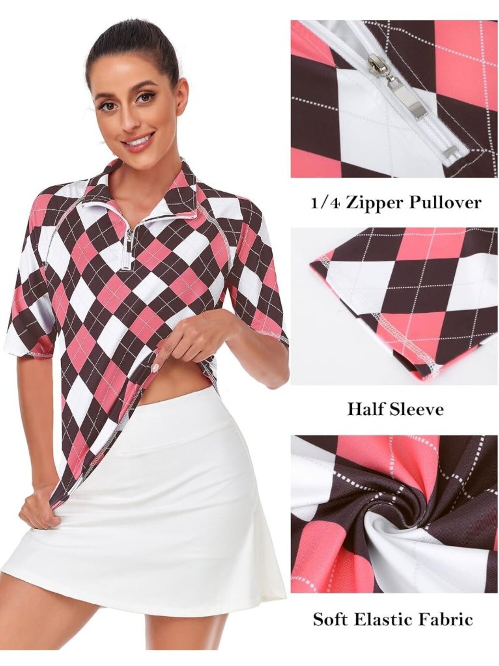 Womens Brown-pink Argyle Golf Shirt Half Sleeve Quarter Zip Tennis Tops M-3XL - Picture 3 of 4